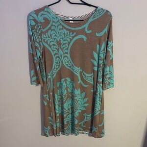 Blue and Brown Graphic Tunic with 3/4 Sleeves